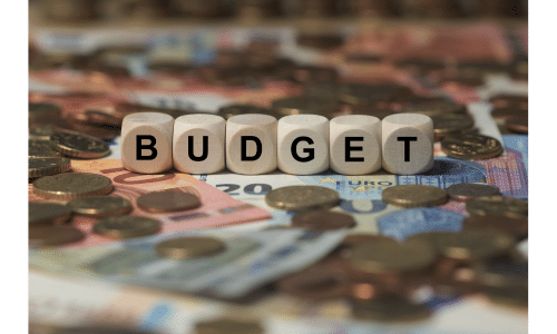 wooden budget sign with money