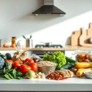 Budget meal planning using fruits and vegetables on a kitchen counter.