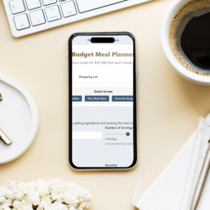 Budget meal planning calculator on a smartphone With coffee and keyboard.