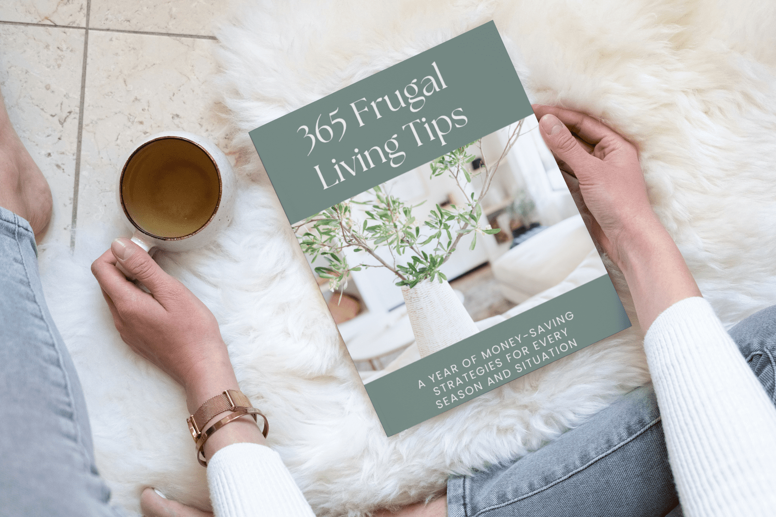 a woman with a coffee, with a PDF book 365 frugal living tips