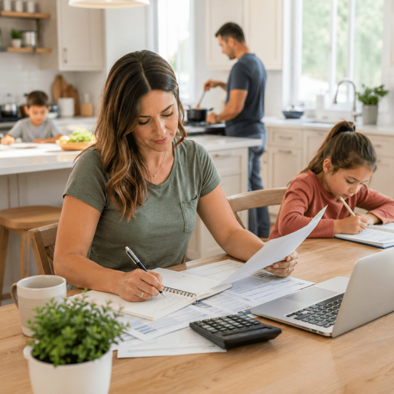 mom working on budget family in the bsckground