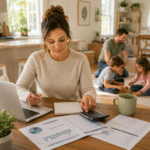 woman going over finances kids playing with dad