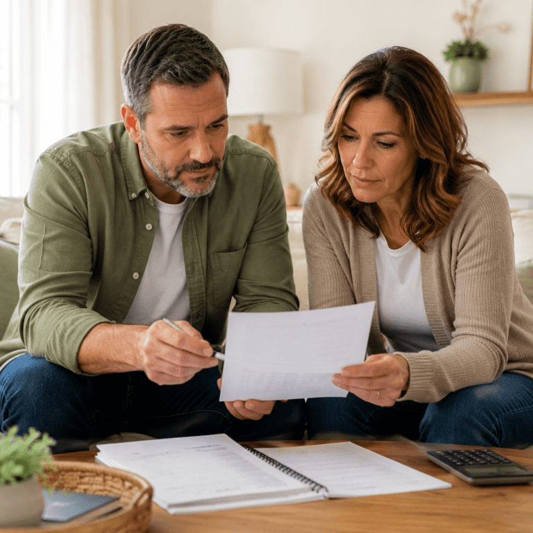 couple discussing finances at table